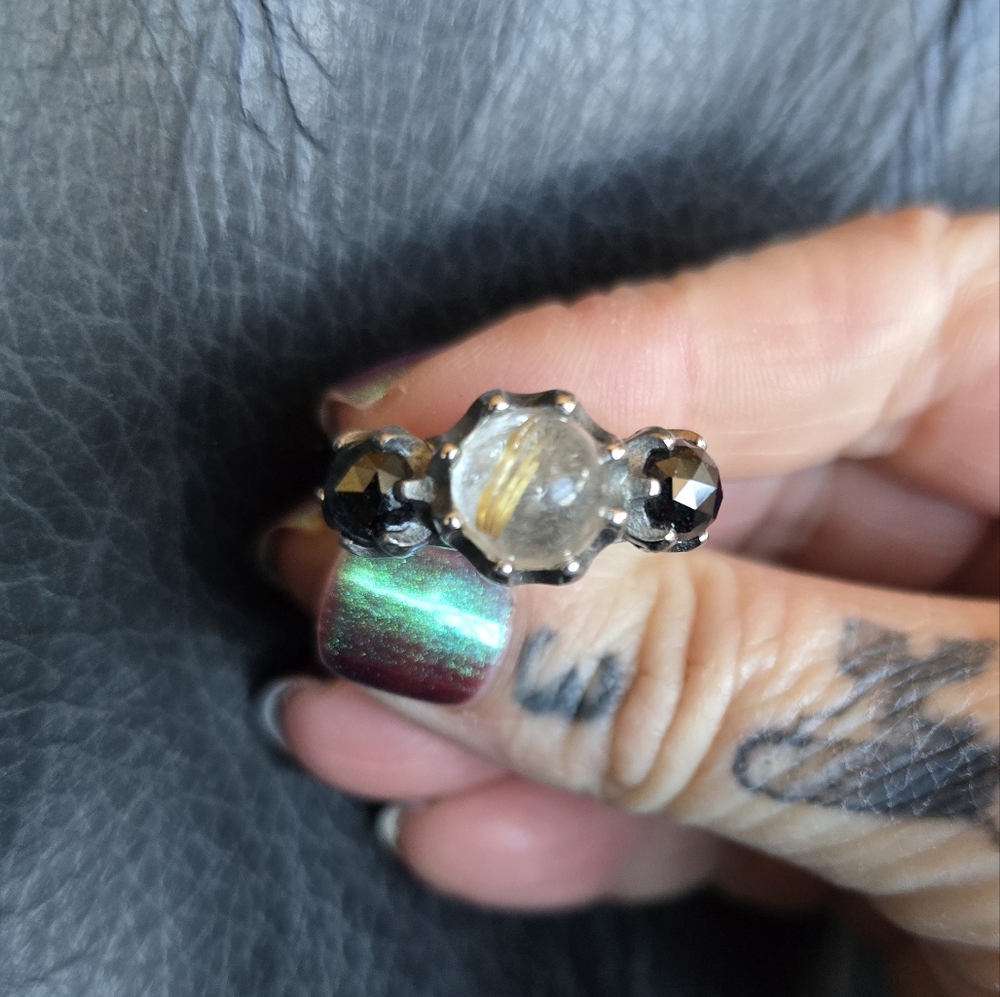 Evil Pawn Jewelry Gold Rutile and Obsidian Persephone Ring